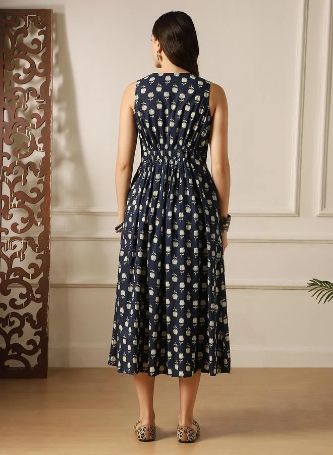 globus Women Navy Blue Floral Print Wrap Midi Dress